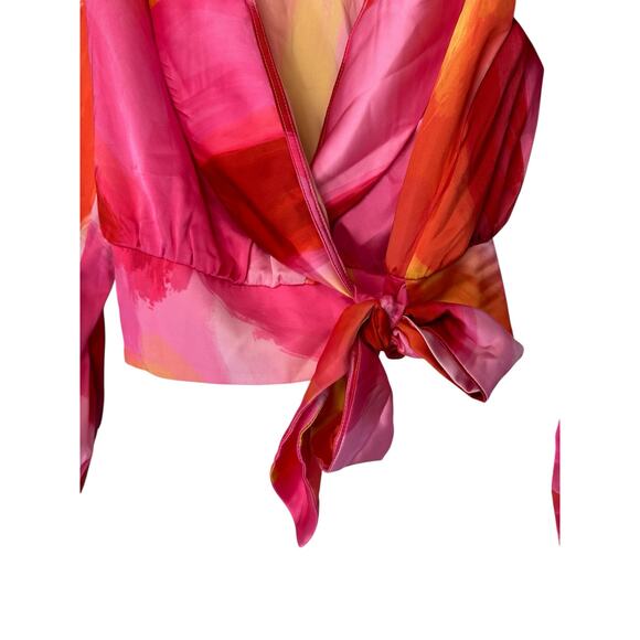 Hutch Nyla Blouse Pink Watercolor Satin Long Sleeve Tie Front V-Neck‎ Size XS - Picture 6 of 13